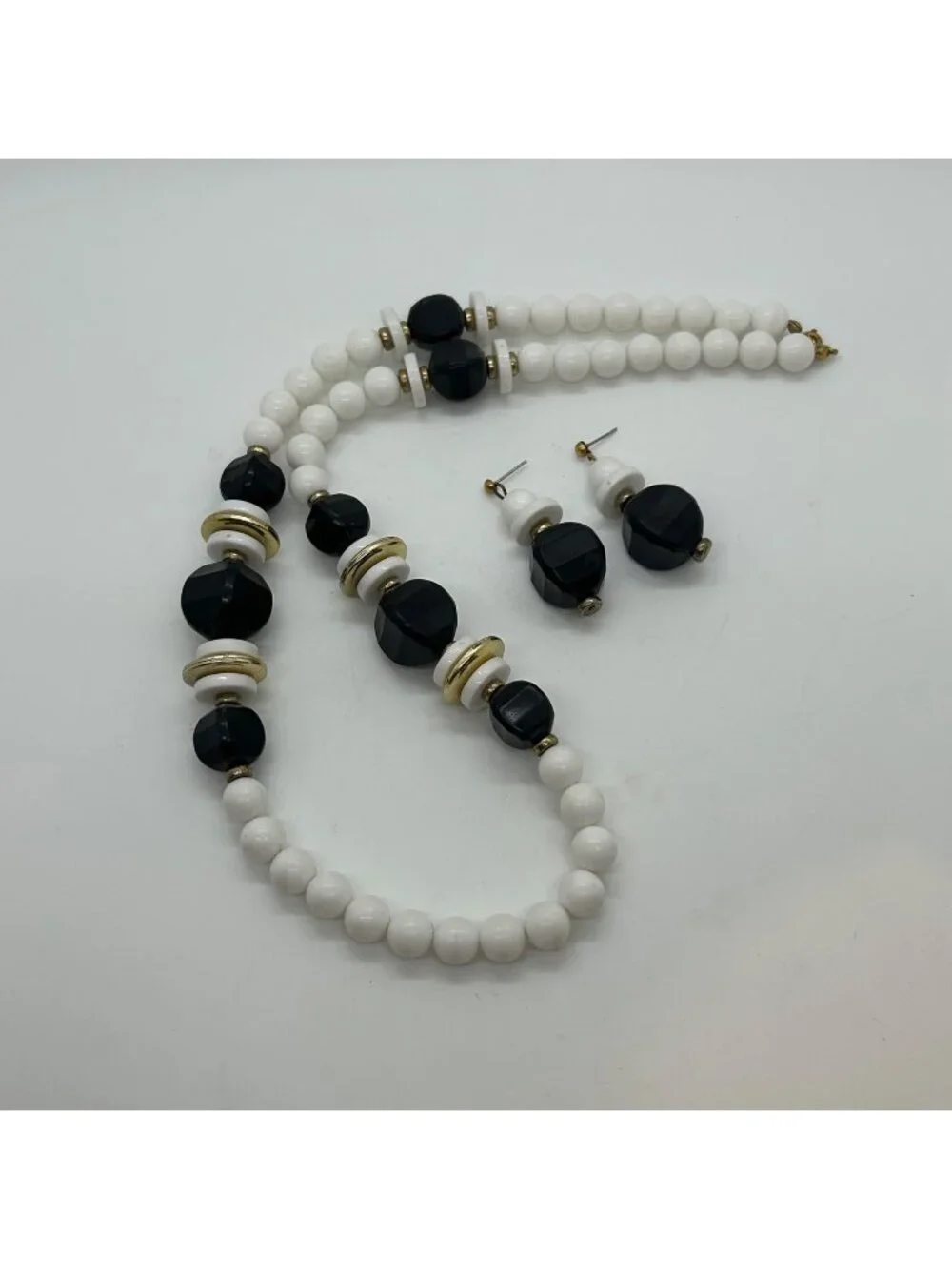 Vintage Black White Acrylic Bead Necklace Earring Set Geometric 1980s Jewelry